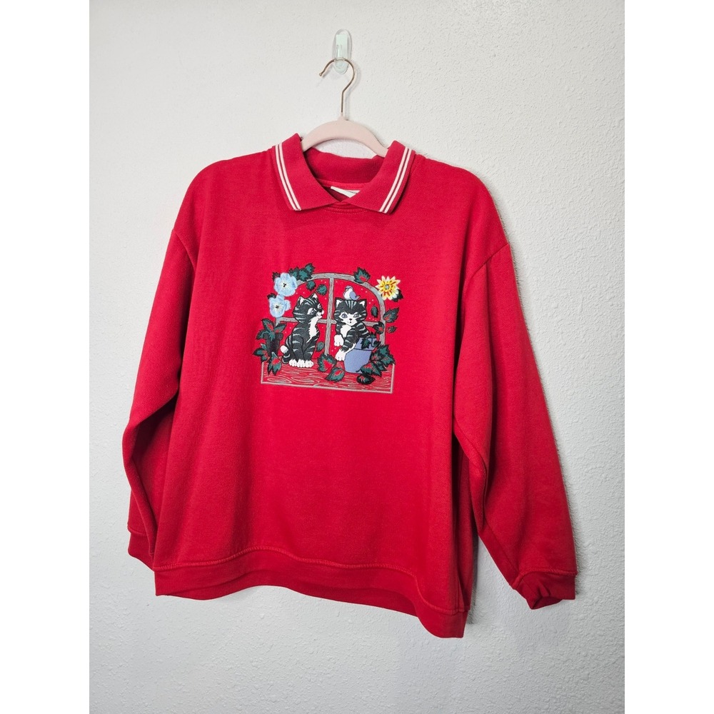 Bobbie Brooks Red Cat Embroidered Polo Collar Sweatshirt Vintage 90s Cottagecore